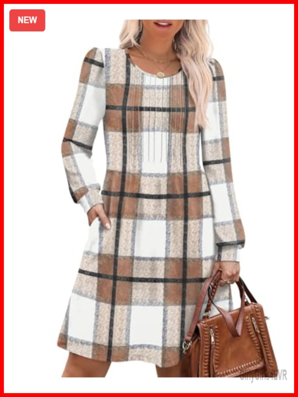 OFEEFAN Long Sleeve Plaid Babydoll Sweater Dress with Pockets